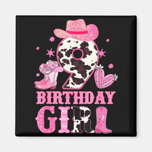 Imã Kids 9th Birthday Girl Rodeo Western Cowgirl Birth (Frente)