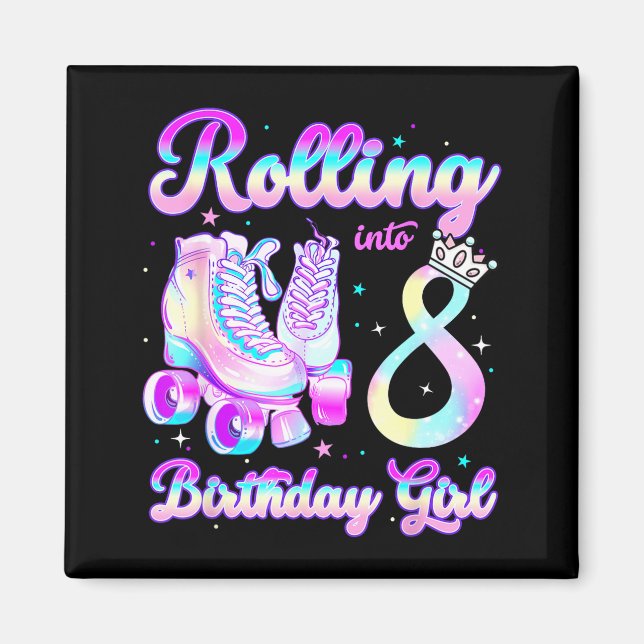 Imã Kids Rolling Into 8 Roller Skating 8th Birthday Gi (Frente)