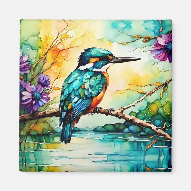 Imã Kingfisher sobre Água e Flores Selvagens (Frente)