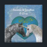 Imã Kissing Unicorns Cute Personalized Wedding<br><div class="desc">Mystical black unicorn kissing a lovely white unicorn on an elegant blue heart surrounded by sparkly blue lights and hearts save the date wedding announcement or favor magnet. Fill in your information in the template. Make more changes to text and font size, style, and color by clicking on Customize. This...</div>