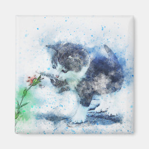 Imã Kitten Brincando com Flor   ABSTRATO   Watercolor