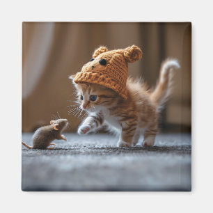 Imã Kitten brincando com um rato pequeno