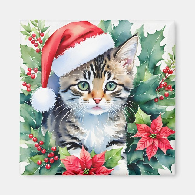 Imã Kitten Em Santa Hat, Arte Por Aquarela De Natal (Frente)
