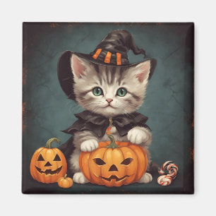 Imã Kitten no Halloween Costume e Jack-O-Lanterna