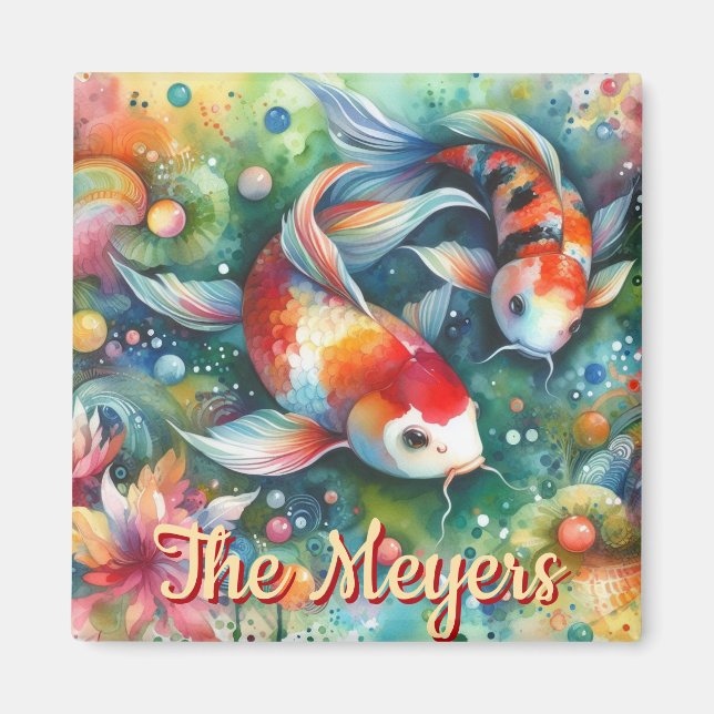 Imã Koi Fish Whimsical Watercolor Orange Personalizado (Frente)