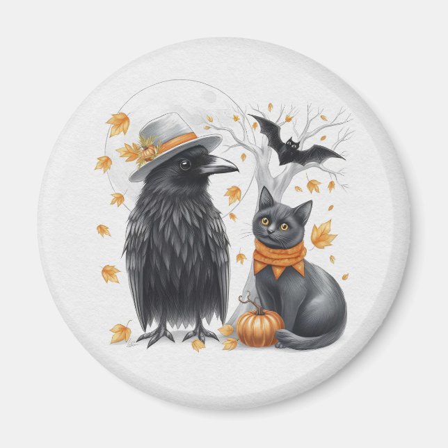 Imã Krähe und Katze Halloween Herbst Crow  (Frente)