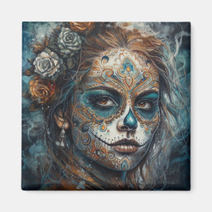 Imã La Catrina Azul Dia de los Muertos Crânio de Açúca