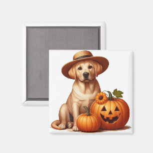 Imã Labrador Amarelo Puppy Vestindo Chapéu com Pumpkin