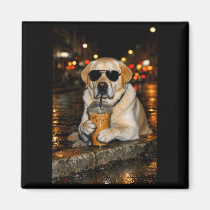 Imã Labrador retriever engraçado bebendo café gelado f