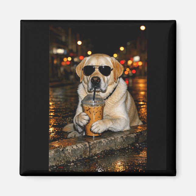 Imã Labrador retriever engraçado bebendo café gelado f (Frente)