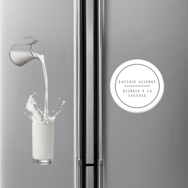 Imã Lactose alérgica em preto e branco (Bilingual lactose allergy warning magnet, Spanish custom text & name Multilingual project)
