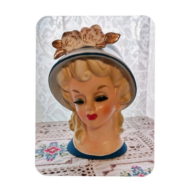 Ímã Lady Head Vase Blonde Teen Blue Hat Flower (Vertical)