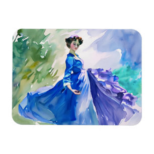 Ímã Lady in Blue Vress - Pintura por Aquarela