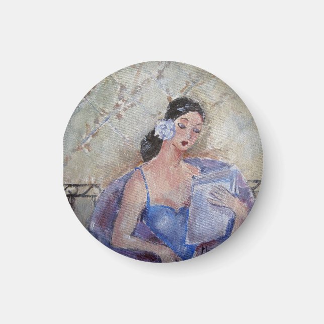 Imã Lady Reading Magnet, de 1920, por Marie Theron (Frente)