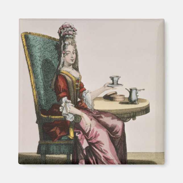 Imã Lady Tomando café, placa de moda, c.1695 (gravavi) (Frente)