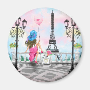 Imã Lady with Pink Balloon Magnet - Adoro Paris