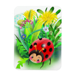 Ímã ladybug vermelho e fofo num fundo de grama e flo