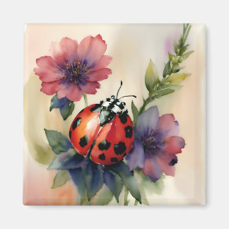 Imã Ladybug Watercolor Arte Foral Botânica