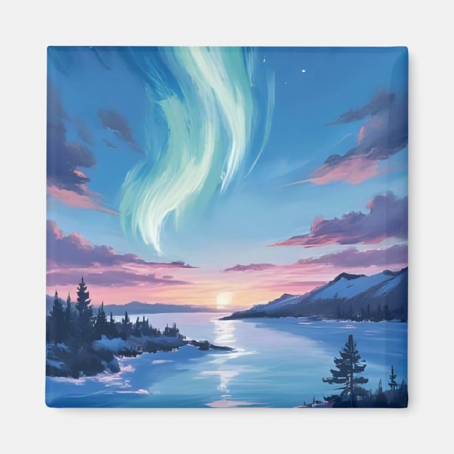 Imã Lago Aurora Boreal Paisagem Sonhadora Noturna (Frente)