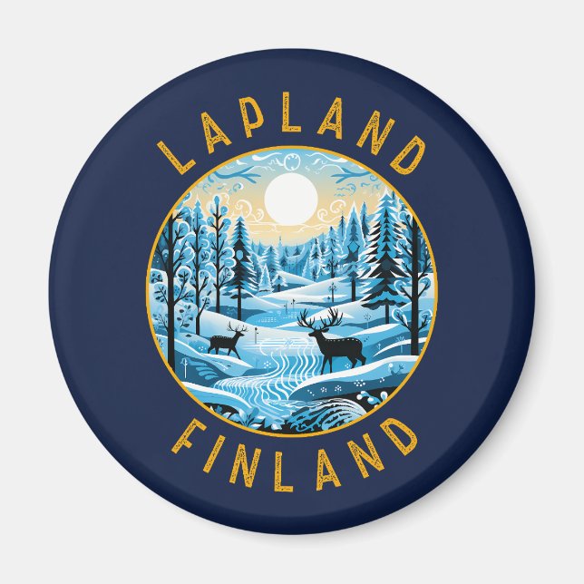 Imã Lapland Finlândia Deer Retro Distress Circular (Frente)