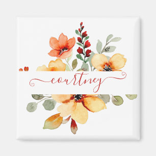 Imã Laranja brilhante aquarela floral personalizada