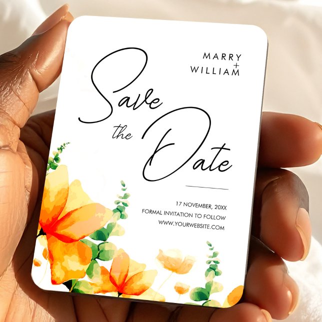 Ímã Laranja Moderno Elegante Salve a Data de Casamento (Orange Elegant Modern Save the Date Wedding Magnet, Wedding Favor Magnet)