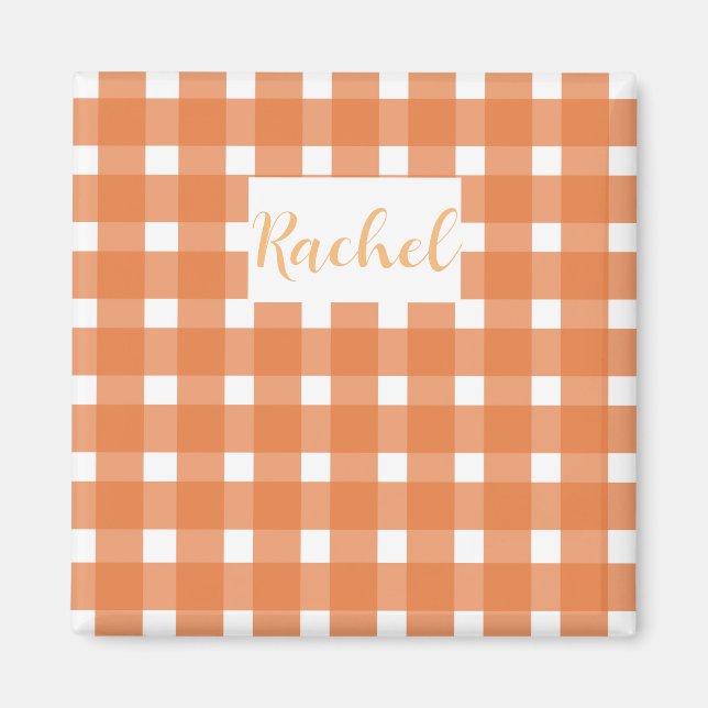 Imã Laranja White Gingham Personalizado (Frente)