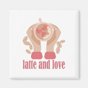 Imã Latite e xícara de amor, mãos e café