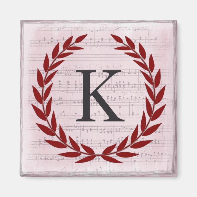 Imã Laurel Wreath Sheet Music Monograma Inicial K (Frente)