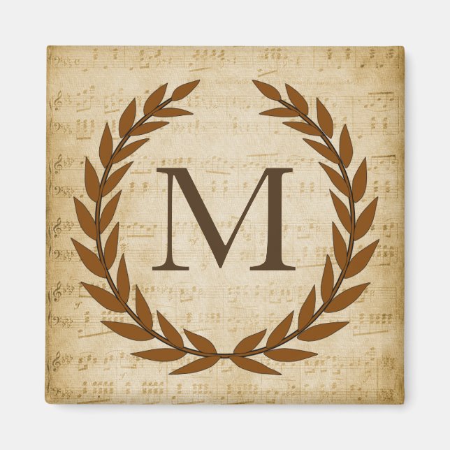 Imã Laurel Wreath Sheet Music Monograma Inicial M (Frente)