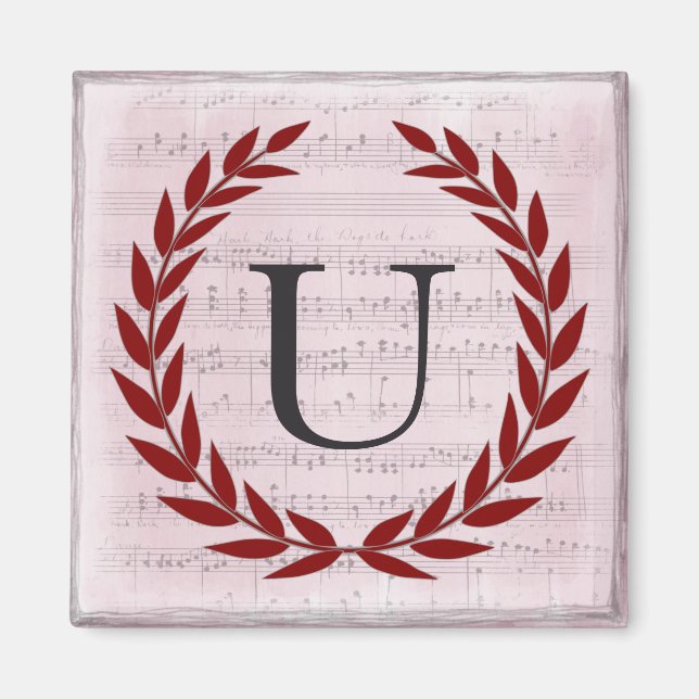 Imã Laurel Wreath Sheet Music Monograma Inicial U (Frente)