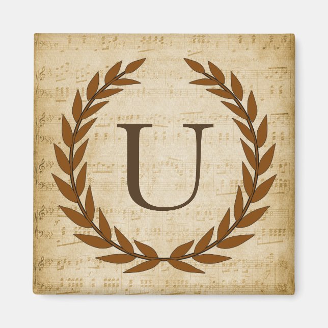 Imã Laurel Wreath Sheet Music Monograma Inicial U (Frente)