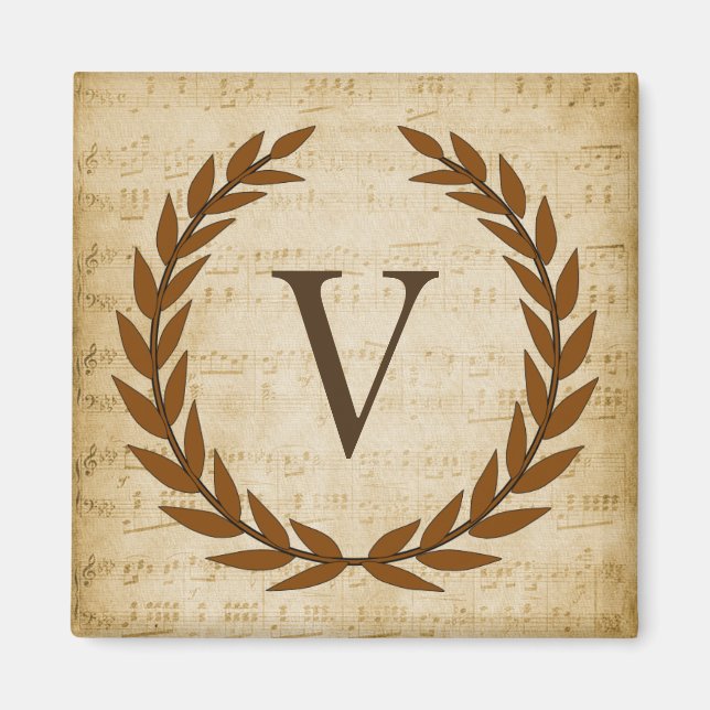 Imã Laurel Wreath Sheet Music Monograma Inicial V (Frente)