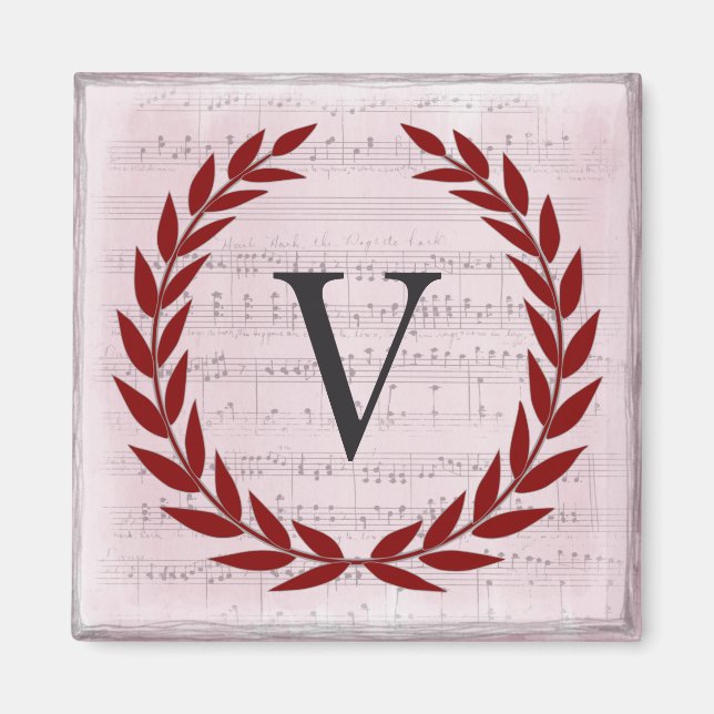 Imã Laurel Wreath Sheet Music Monograma Inicial V (Frente)