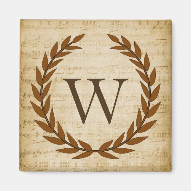 Imã Laurel Wreath Sheet Music Monograma Inicial W (Frente)