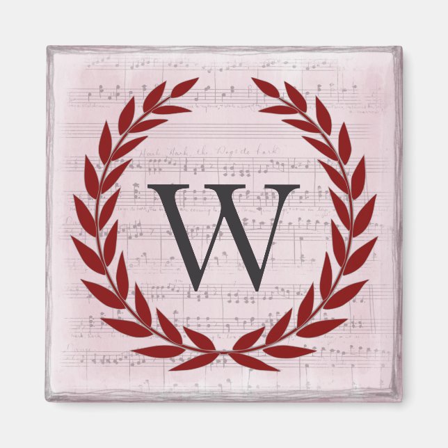 Imã Laurel Wreath Sheet Music Monograma Inicial W (Frente)