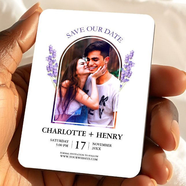 Ímã Lavanda Foto Salvar Data Floral Casamento (Lavender Photo Save the Date Floral Wedding Magnet, Wedding Favors)