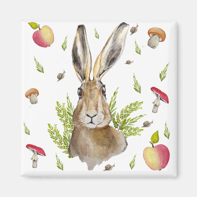Imã Lebre branca com fundo de maçãs e cogumelos (Frente)