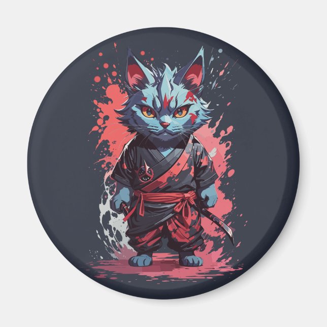 Imã Legal Cinza d'água Ninja Cat Warrior (Frente)