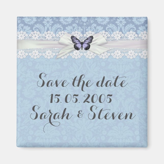Imã Legant Lace Blue Butterfly Damask Save the date (Frente)