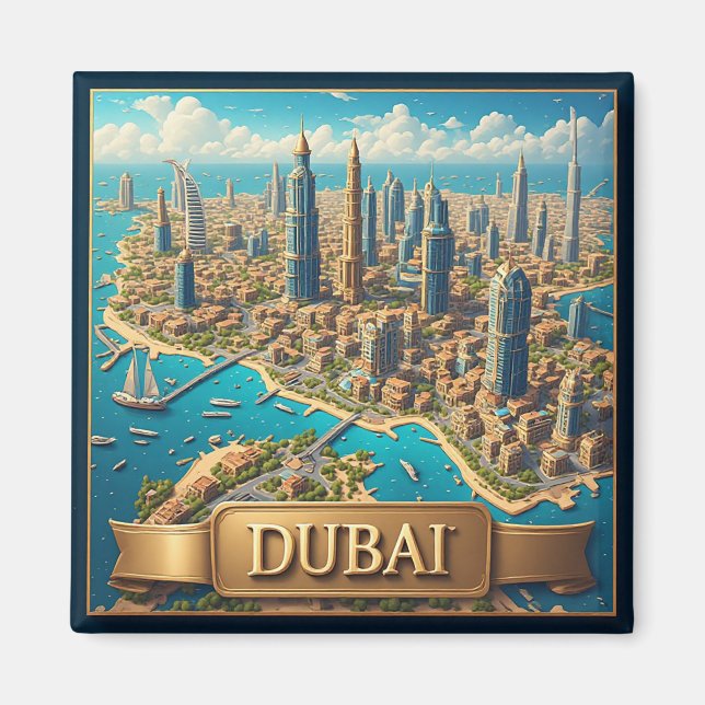 Imã 🧲 Lembrança de Férias do Horizonte de Dubai 🌇 (Frente)