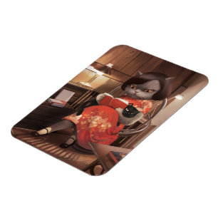 Ímã Lendo Gato em Cheongsam