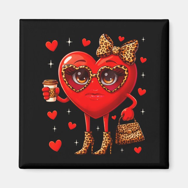 Imã Leopard Heart Drinking Coffee Valentines Day Women (Frente)
