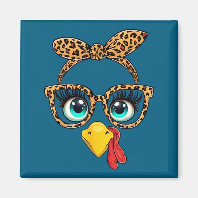 Imã Leopard Print Thanksgiving Funny Turkey Face Gles  (Frente)