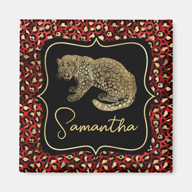 Imã Leopardo Dourado e Impressão de Leopardo Vermelho (Frente)