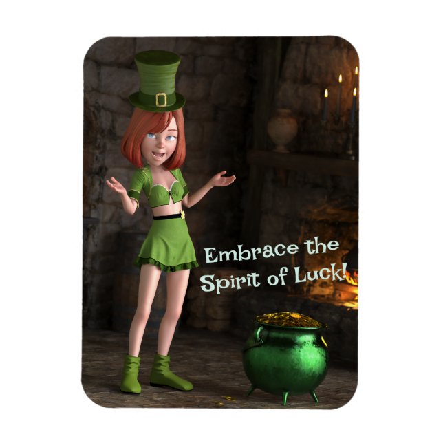 Ímã Leprechaun Toon Girl ao lado do Pote da Dourada (Vertical)