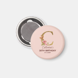 Imã Letra Personalizada C Dourado Rosas Rosa Pálido