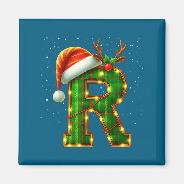 Imã Letra R Natal Xadrez Chapéu do Papai Noel Monogram (Frente)