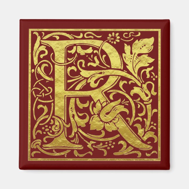Imã Letra R Primeira Letra Faux Dourado Vermelho (Frente)