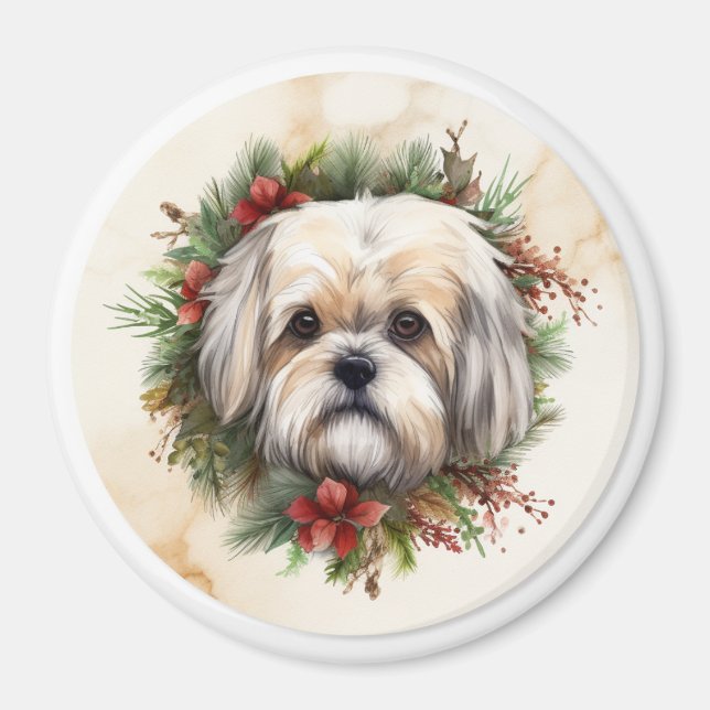 Imã Lhasa Apso Christmas Wreath Festivo Pup (Frente)